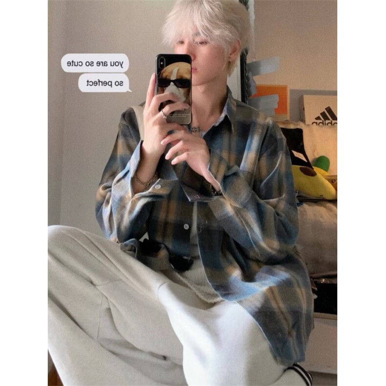 格子衬衫男夏季日系青少年外套潮牌长袖衬衣1001-1-CS09-P36,男装衬衫,星座1001-1