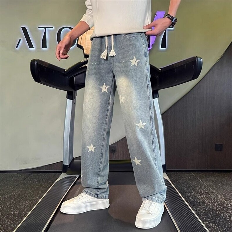 网络图现货牛仔裤男女高街星星直筒休闲裤R8035-P60,男装休闲裤,星座1005-4