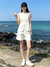 气质温柔风时尚套装女夏季新款法式小香风无袖上衣阔腿短裤两件套，女装套装/套裙，江南