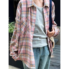 2025新款刺绣嫩粉色格子衬衫外穿女时尚高级宽松休闲显瘦衬衣开衫，男装衬衫，星座1210-1