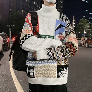 拼接圣诞毛衣男女情侣装红色高领针织打底衫欧美潮牌外套冬图片