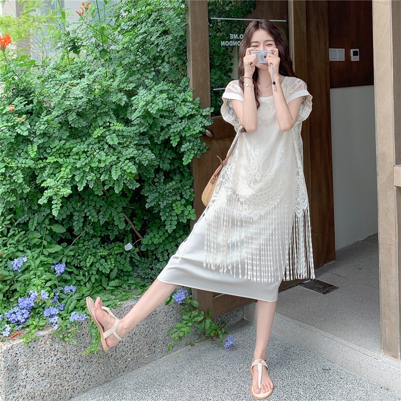法式设计感不规则流苏拼接刺绣连衣裙女2025夏季新款绝美显瘦长裙,女装连衣裙,2C323