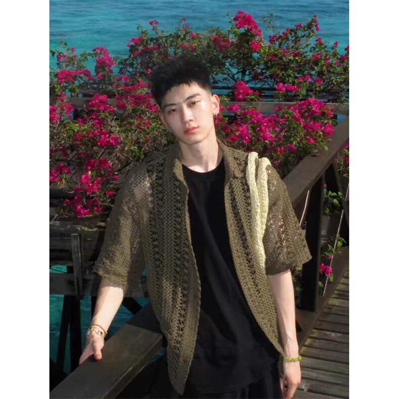 美式复古夏季镂空透气度假短袖衬衫男宽松休闲上衣外套LC0511-P43图片