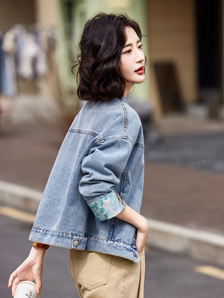 蓝色韩系休闲气质蕾丝拼接牛仔外套女2025早春新款小个子百搭夹克,女装短外套,靓衣阁
