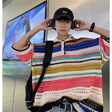 美式复古彩色条纹镂空针织衫夏新款潮牌翻领休闲POLO衫Y39P38，男装Polo衫，星座1116-2
