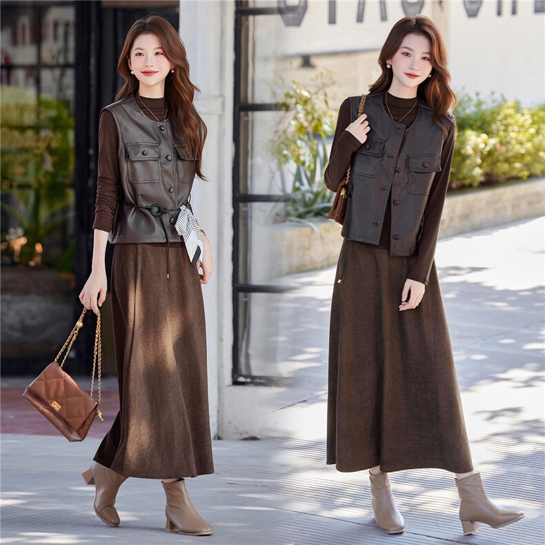 2026年秋季女时尚气质优雅时髦皮马甲针织打底衫简约半身裙三件套，女装套装/套裙，煊芮熙