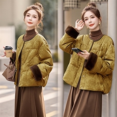 新中式g风提花羽绒服女2025冬季新款时尚拼接白鸭绒短款外套，女装羽绒服，沁沁公主