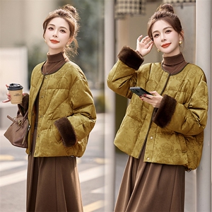 新中式g风提花羽绒服女2025冬季新款时尚拼接白鸭绒短款外套图片