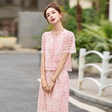时尚套装女2026夏季新款妈妈装洋气减龄蕾丝拼接上衣半身裙两件套，女装套装/套裙，沁沁公主