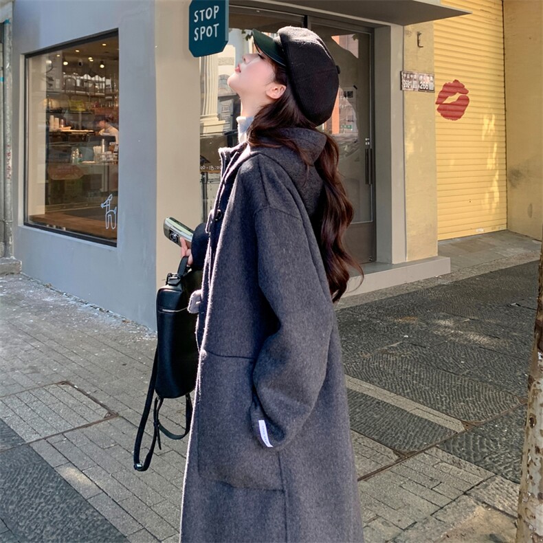 现货新款双面羊毛呢正反两穿连帽休闲羊毛大衣女风衣,女装毛呢外套,丝露怡语