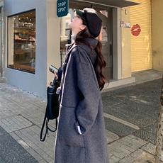现货新款双面羊毛呢正反两穿连帽休闲羊毛大衣女风衣，女装毛呢外套，丝露怡语