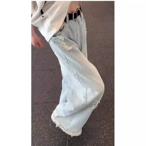 蓝色毛边破洞牛仔裤男夏季美式潮牌高腰提档长裤子直筒阔腿微喇裤图片