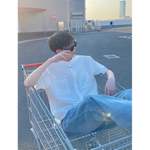 夏季痞帅男生立领衬衣男短袖宽松新中式男装黑衬衫上衣 C3018图片