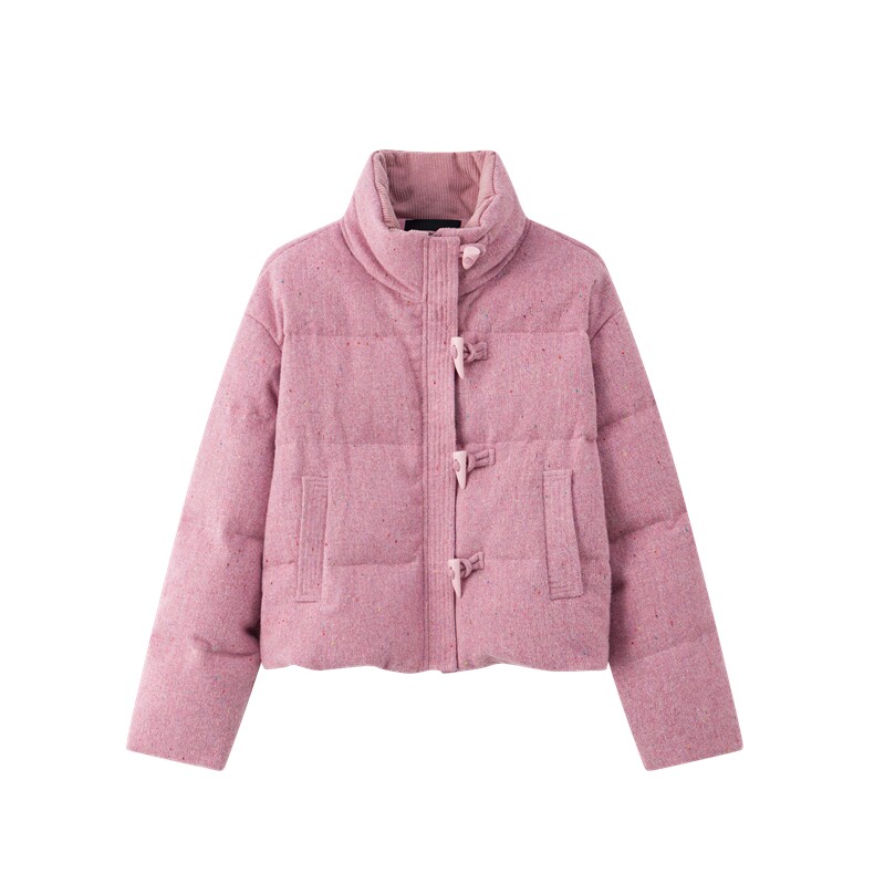 粉色韩系牛角扣羽绒服外套女冬季新款小个子加绒加厚白鸭绒面包服,女装羽绒服,2D008