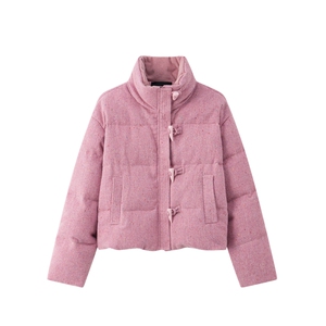 粉色韩系牛角扣羽绒服外套女冬季新款小个子加绒加厚白鸭绒面包服图片