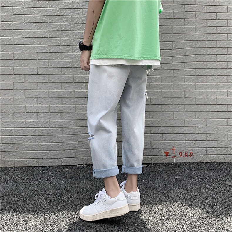 夏季薄款九分牛仔裤男生直筒宽松破洞韩版潮流休闲裤子CN305,男装牛仔裤,星座1008