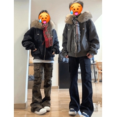 现货重磅boxy短款棉衣座山雕大毛毛领男女棉服水洗工装厚外套，男装棉衣，电商A486-1