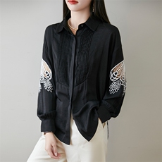 2025开春新款女装上衣设计感镂空刺绣白衬衫春秋法式气质长袖衬衣，女装衬衫，优麦羊绒（原洪叶羊绒）