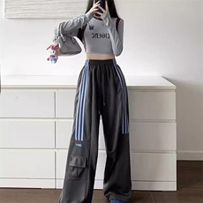 美式复古高街条纹运动裤女春秋新款高腰显瘦宽松直筒阔腿休闲长裤，男装休闲裤，星座506A