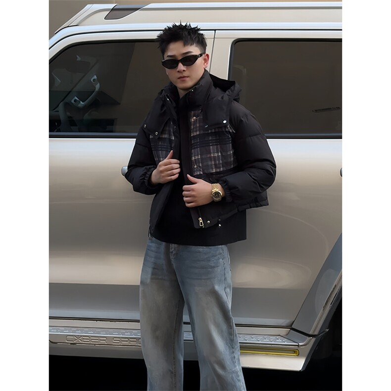 B09/P108控148 冬季复古撞色蓝白格纹连帽短款设计棉服男黑首1图片