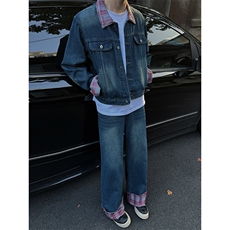 拼接格纹翻领牛仔外套男春秋设计感小众痞帅短款翻领夹克，男装夹克，星座410-7