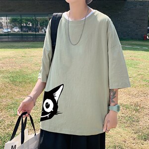 YT26035-P30 亚短袖t恤男大码五分袖男宽松七分袖 港风模特图片