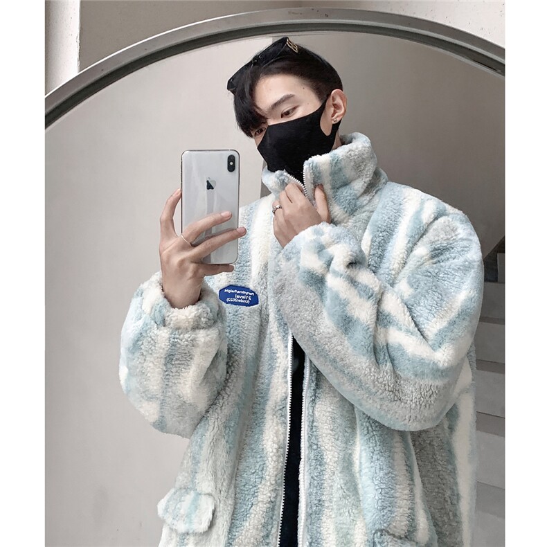 港风定制条纹羊羔毛面料棉衣男成分：聚酯纤维8712P138控178,男装棉衣,星座227-7