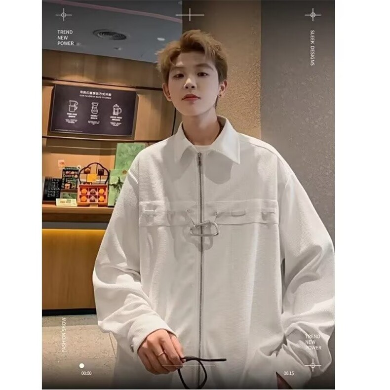 C246-P38小众高级设计感拉链衬衫男宽松韩版休闲百搭长袖衬衣,男装衬衫,电商B323A