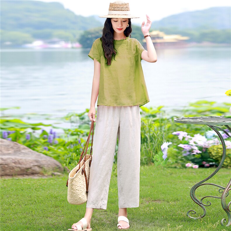 棉麻套装女2026夏季新款中年妈妈洋气减龄苎麻衬衫休闲两件套,女装套装/套裙,独衣靓