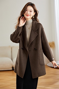 美拉德咖色双面呢外套女2024秋冬新款韩版宽松休闲西装领羊毛大衣图片