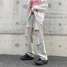 韩版破洞牛仔裤2023夏季新款美式街头直筒休闲阔腿裤K3404-P42，男装牛仔裤，星座512-2