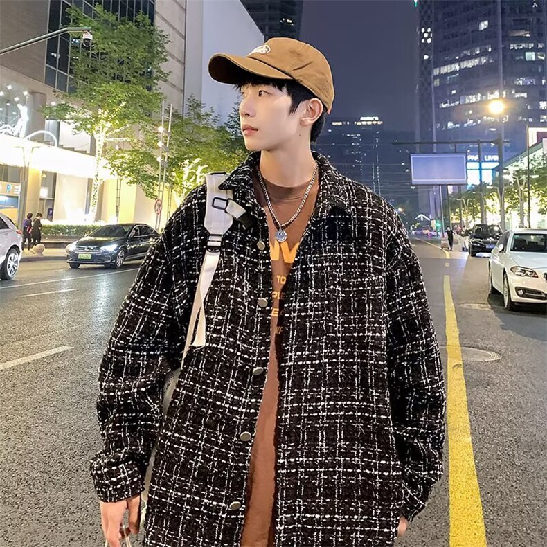 小香风编织格子高级感外套男秋冬胖子大码高街潮ins夹克图片