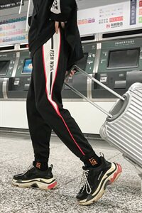 703 港风男式休闲运动裤 针织拼色印花束脚长裤图片