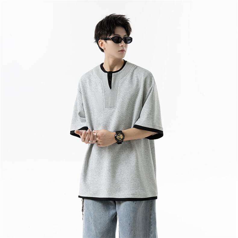 夏季2025新款罗纹拼接假2件亨利领短袖T恤xz906-Y137P45控78,男装T恤,星座906（原电商a316-1）