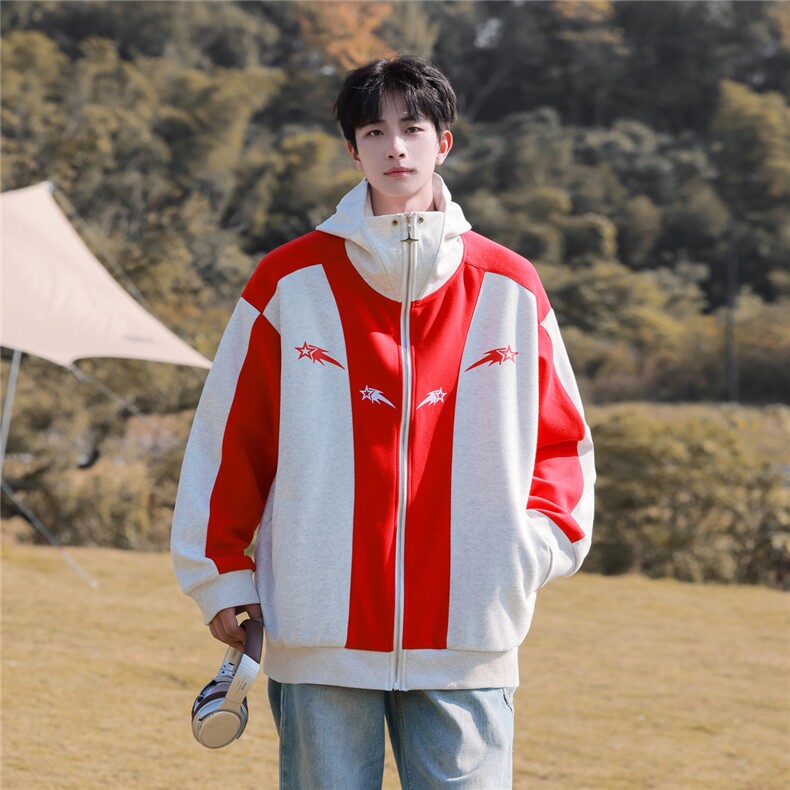 抖音品质重磅华棉撞色港风拼接开衫卫衣KWY2401-P75控108,男装卫衣,电商B370