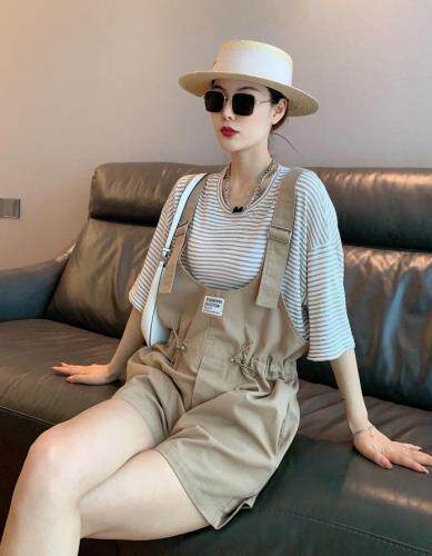 夏季休闲条纹背带短裤，女装，水锦红