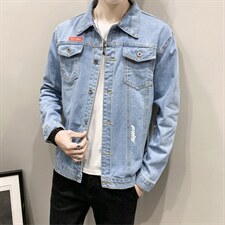 JK925-p55-限价78 大量现货网格牛仔夹克肥仔量足破洞印花大码图片