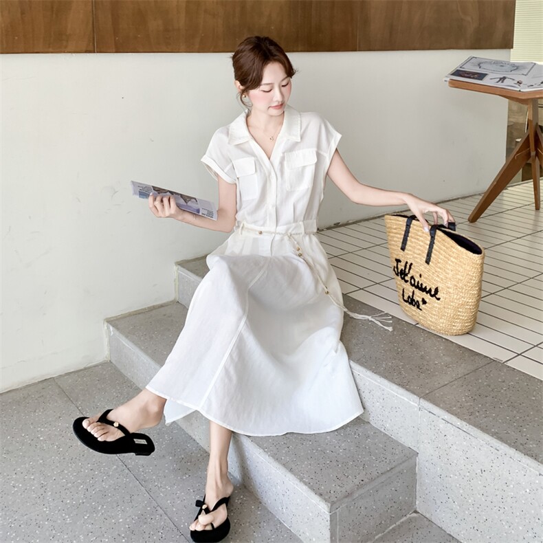 2026夏季浅蓝色短袖翻领衬衫连衣裙女新款简约气质系带收腰长裙子,女装连衣裙,霓裳依族