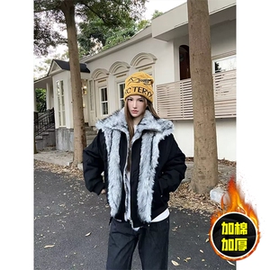 现货高品质美式高街重磅狼王座山雕毛毛领假两件棉衣加厚棉服外套图片