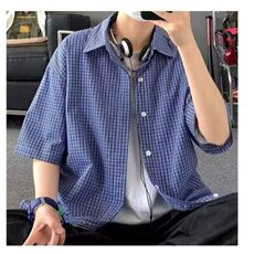 美式复古细格子短袖衬衫男女休闲宽松百搭cityboy蓝色衬衣CS44，男装T恤，星座1116A（原606A-3）