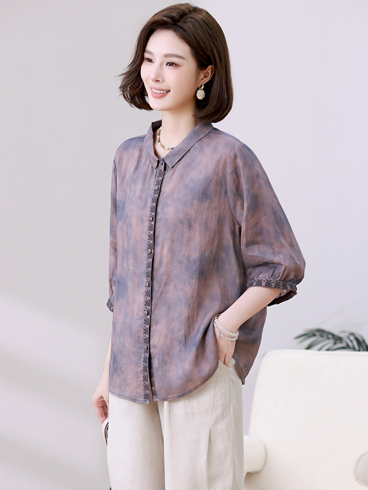 纯苎麻衬衫女五分袖2024新款夏季印花衬衣，女装衬衫，忆绮罗