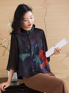 新中式中老年重磅真丝半袖上衣夏季妈妈女桑蚕丝时尚T恤衫图片
