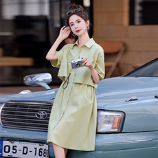 假两件绿色森系连衣裙女夏季2025新款小个子收腰高级感衬衫长裙子，女装连衣裙，红依一坊
