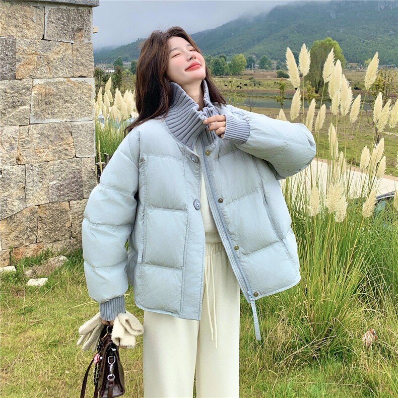 超好看蓝色针织拼接立领短款羽绒服女2025冬韩系甜美90白鸭绒外套，女装羽绒服，慧尚2-185