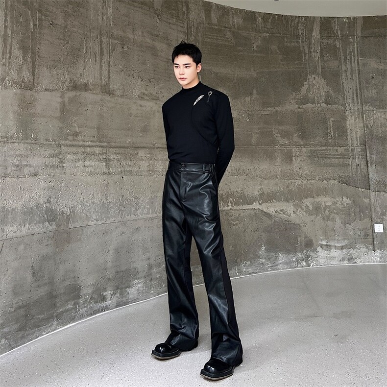 原创新款秋冬潮流男喇叭裤时髦皮料拼接百搭长款西裤A345-281-P90，男装西裤，电商A345