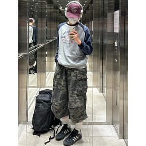 网图有货 美式复古迷彩工装裤男女宽松直筒阔腿七分裤 A374-P50图片