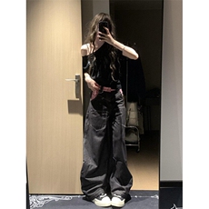 CP1215-P55美式粉格拼接廓形弯刀牛仔裤女2025设计感宽松阔腿裤，男装牛仔裤，电商B323A