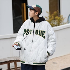 菱形格棉服男冬季加厚潮流痞帅外套棉衣棒球服1383-P75，男装棉衣，星座910-5