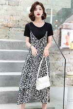 小花家2023流行韩版修身T恤拼设计感开衩吊带雪纺连衣裙女两件套，女装套装/套裙，E百度