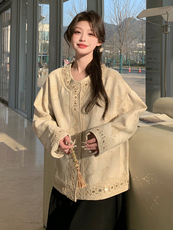 白色新中式外套女2025春季新款重工亮片国风蕾丝花边提花上衣，女装短外套，浙宝208A